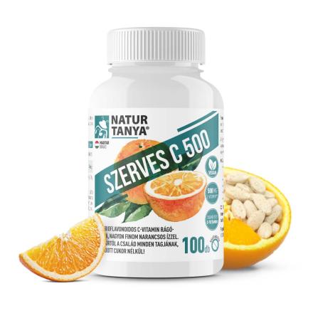 Natur Tanya® SZERVES C 500 – Savmentes, gyomorbarát C-vitamint és citrus bioflavonoidokat tartalmazó, narancs ízű étrend-kiegészítő rágótabletta, természetes sztévia édesítőszerrel